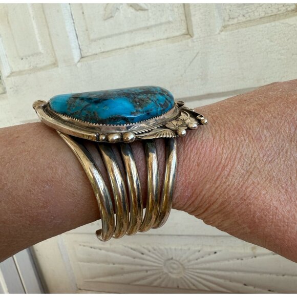 Vintage Ray Nez Heavy Large Blue Turquoise Sterling Cuff Bracelet - Picture 10 of 14